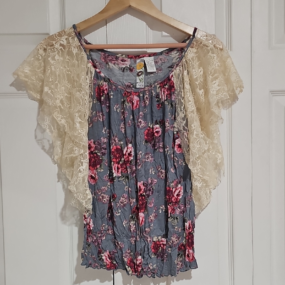 Mimi Chica Floral Lace Overlay Blouse Top Size M